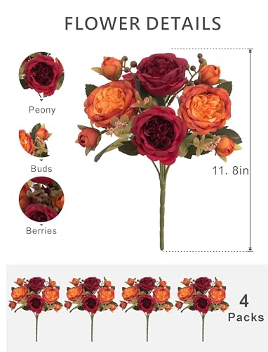 4 Bunches Peonies Artificial Flowers, Silk Burgundy Peonies Flowers Fake Bouquet Faux Floral Arrangements for Centerpiece Table Wedding Party Home Decor (4, Burgundy & Orange) - color: Burgundy & Orange