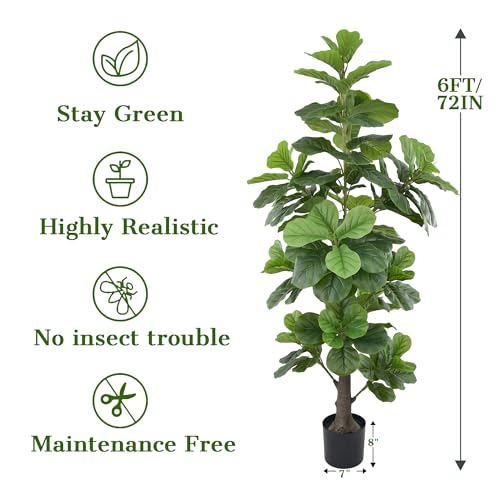 Artificial Fiddle Leaf Fig Tree 6ft, Tall Faux Ficus Lyrata Plant with Realistic Leaves and Trunk, 72" Fake Fig Trees in Black Pot for Home Office Living Room Porch Indoor Outdoor Decor