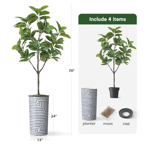 Artificial Tree in Modern Geometric Pattern Planter, Fake Rubber Silk TRE for Indoor and Outdoor Home Decoration - 70" Overall Tall (Plant Pot Plus Tree) - style: Magnolia Tree