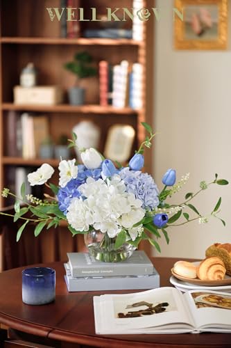 WELL KNOWN Artificial Flowers with Vase, Silk Hydrangea Bouquet and Peonies in Vase with Faux Water for Home Decor, Fake Tulips Flower Arrangements for Birthday Wedding Party Table Centerpieces (Blue) - color: Blue & White Mixed
