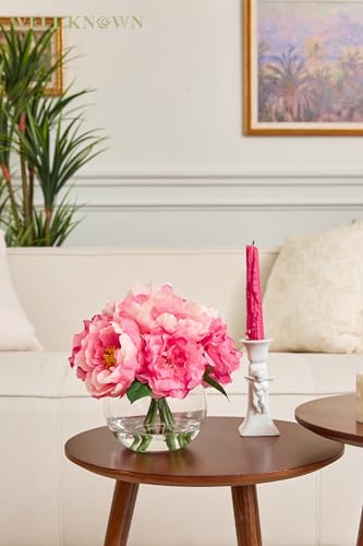 WELL KNOWN Artificial Flowers in Vase, Silk Peonies Bouquet with Faux Water, Fake Peony Pink Flower Arrangement for Home Wedding Birthday Party Dining Table Centerpiece Spring Decor & Mom's Gift - color: Pink