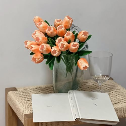 20PCS Artificial Tulip Flowers - 13.5" Real Touch Fake PU Tulips Bouquet Faux Spring Flowers (Champagne) - color: Champagne