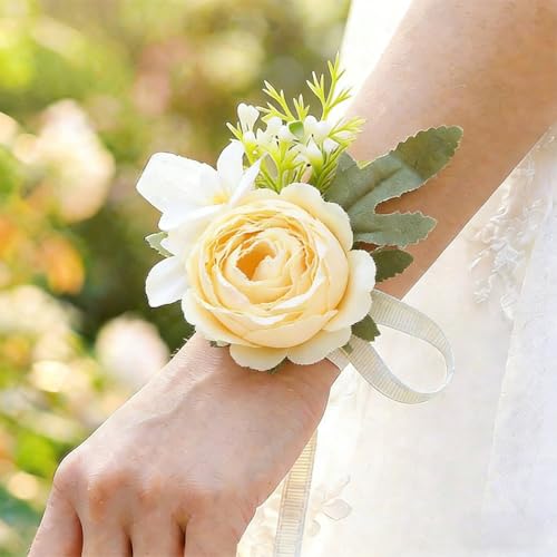 Wedding Corsage Wristlet Red Rose Wrist Corsage for Women (Beige) - color: Beige