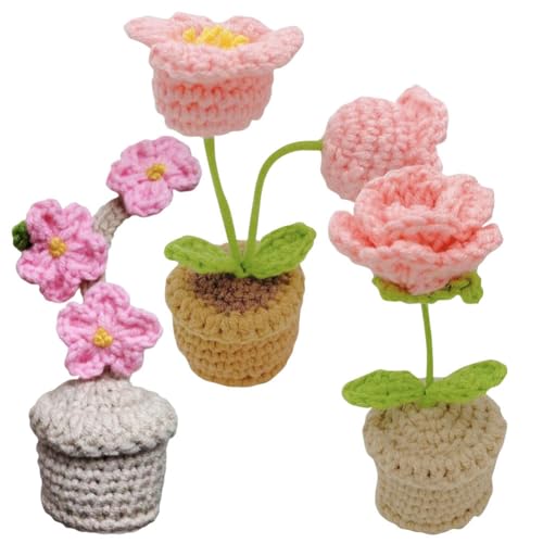 JOONOR 3PCS Mini Crochet Rose Potted Plant,Hand Knitted Pink Plum Blossom Lily of The Valley Flower for Bathroom Home Kitchen Rustic Table Centerpiece Shelf Decor - color: Color#11