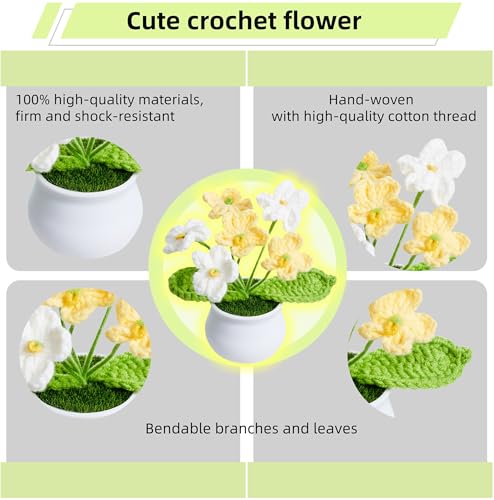 Crochet Flowers Cute Gradient Yellow Handmade Knitted Potted Flower Plants Valentines Gifts for Mom Teacher Birthday Graduation Desk Decor Car Dashboard Home Room Office Decorations for Women - color: Gradient Yellow