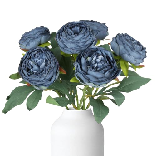 6PCS Blue Peony Artificial Flowers 19.7" Vintage Fake Peonies Silk Flower Arrangements for Wedding Bridal Bouquet Home Party Office Decoration(Blue) - color: Blue