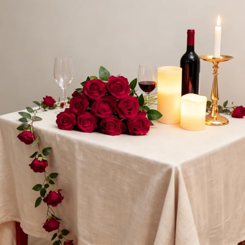 50Pcs Red Roses Artificial Flowers with Stems，Fake Roses Bouquet Fake Flowers Bulk，Silk Velvet Roses for Wedding Centerpieces Arrangement Baby Shower Birthday Home Decor Gifts - color: Red, size: 50