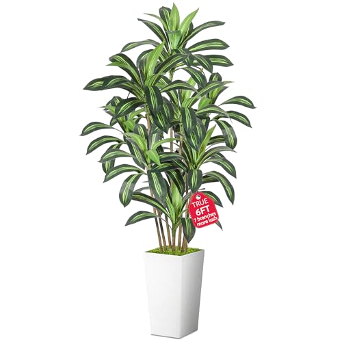 Dracaena Artificial Plant, 6FT Tall Artificial Plants Indoor Dracaena Tree in Pot, Fake Floor Plant for Living Room Decor, Artificial Tropical Plants Outdoor Porch Decor Office (White, 6FT) - color: White, size: 6FT