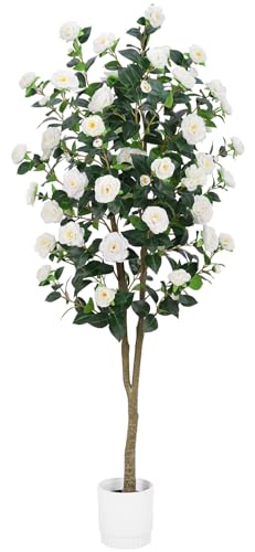 Artificial Camellia Tree 6FT– Faux Plants Indoor, with Easy Assembly, Low Maintenance, Ideal for Both Indoor Decoration and Other Purposes，Perfect Porch Christmas Trees (White 6ft) - color: White 6ft
