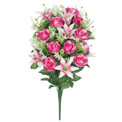 Briful Artificial Flowers for Cemetery, Cemetery Flowers for Grave, Weather Resistant Cemetery Flowers for Vase, Large Sympathy Grave Floral Arrangement with Roses Lily Flowers - color: Violet, size: 25.9 in. Cemetery Flowers Bouquet