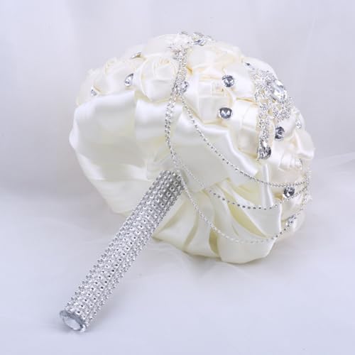 Ivory Bridal Wedding Bouquet with Bling Brooch Rhinestone String Cascading Satin Rose Flower Bouquet for Bride Bridesmaid Quinceanera Wedding Ivory 7.1in - color: ['Ivory #3'], size: Diameter: 7.1 inches
