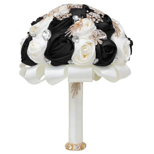 Ivory Black Wedding Bouquet Handmade with Luxury Gold Brooch Bling Rhinestone for Bride Bridesmaid Quinceanera Satin Rose Flower Bridal Bouquet Wedding Black and Ivory 7.5in - color: Black & Ivory, size: Medium (DIA. 7.5"/19cm)