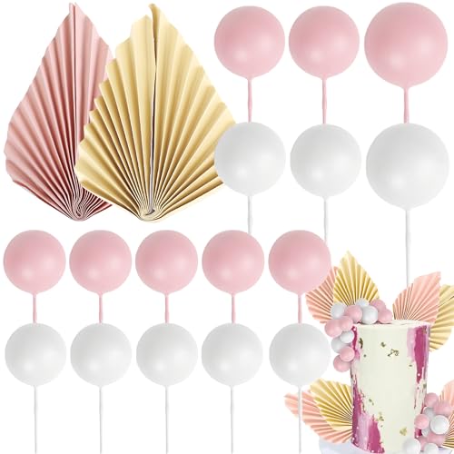 Rsstarxi 28 Pack Balls Cake Toppers Paper Palm Fan Cake Topper Pink Mini Balloon DIY Cake Insert Cake Decorations for Baby Shower Wedding Bridal Shower Birthday Party Cake Decorations - color: Pink White