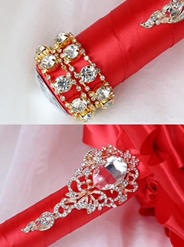 Red Bridal Wedding Bouquet Luxury Gold Rhinestone Brooch Bouquet for Bride Bridesmaid Quinceanera Satin Red Rose Artificial Flower Bouquet Wedding Red 7.1in,Bouquet3218G-Red18 - color: Red, size: Diameter: 7.1 inches