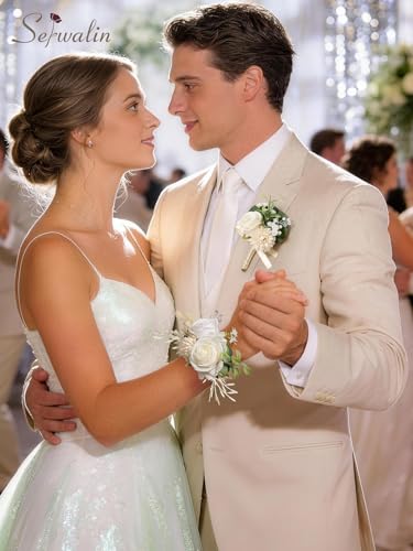 Serwalin White Rose Corsage and Boutonniere Set, Boutonniere for Men and Wrist Corsage Wristlet Prom Homecoming Wedding Flowers Accessories Party Suit Decorations - color: A White, size: 1 Boutonniere & 1 Wrist Corsage - 2pcs