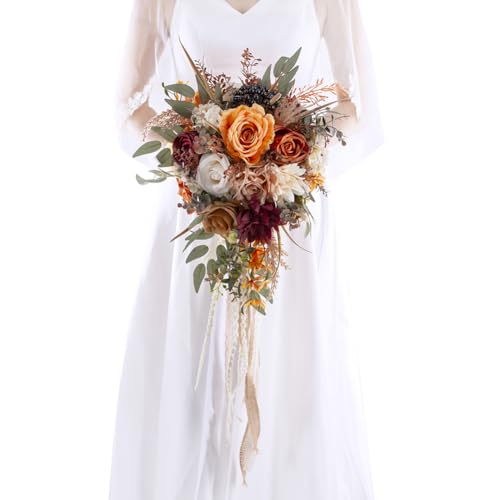 12 Inch Cascade Wedding Bouquets for Bride, Fall Burnt Orange Cascading Bridal Bouquet for Wedding Silk Artificial Flowers - color: Burnt Orange