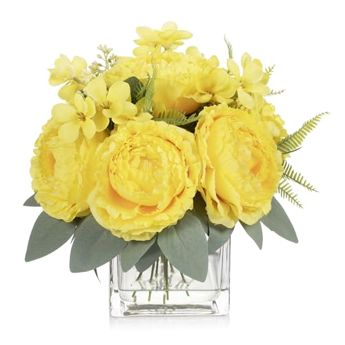 ENOVA FLORAL Artificial Flower Arrangement with Vase,Mixed Artificial Silk Peony Flower in Vase for Decoration Home Office, Wedding Centerpiece (Yellow) - color: Yellow
