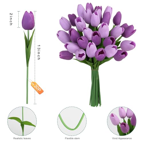 Artificial Tulips Flowers Fake Latex Tulip Stems - 30pcs Real Touch Faux Multicolor Tulips Flower for Easter Spring Wedding Bouquet Centerpiece Floral Arrangement Cemetery Table Decor - color: Purple, Lavender Purple
