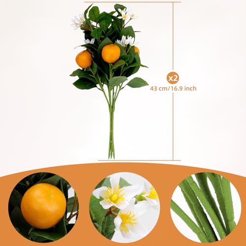 2PCS 16.9Inch Artificial Tangerine Branches Artificial Orange Branches Fake Orange Stem 6 Fruit with 42 White Flowers for Home Party Wedding Office Thanksgiving Indoor Outdoor Decor - color: 16.9inch Orange, size: 2 PCS