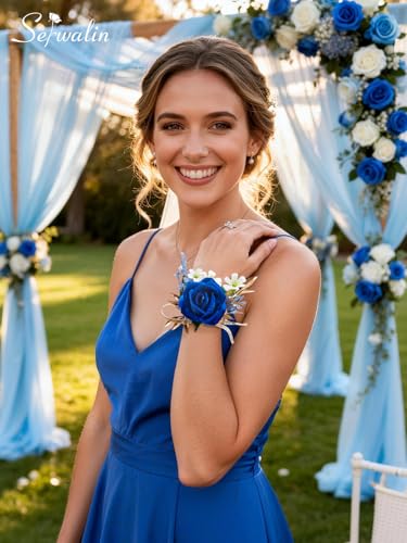 Serwalin 6 PCS Royal Blue Wrist Corsage for Wedding, Artificial Silk Rose Flower Corsage Wristlet Décor for Prom Homecoming Party, Prom Corsage for Bride Bridesmaids Mothers of the Bride and Groom - color: Royal Blue, size: Corsage 6pcs