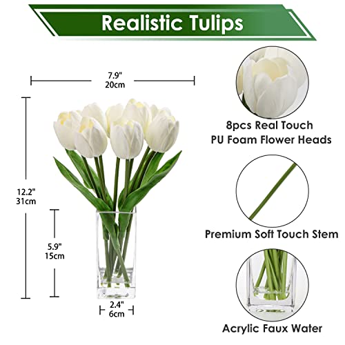 Briful Fake Flowers Artificial Tulip Flower White in Clear Vase, Real Touch Foam Tulip Arrangement Suitable for Home Office Decoration, Dining Table Centerpiece - color: Cream