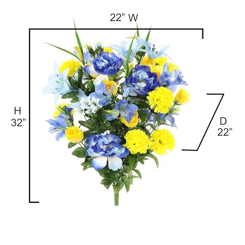 Admired by Nature 40 Stem Artificial Flowers Roses Lily Peony Mixed Bush Spring Faux Flower Arrangement - for Indoor Outdoor Wedding Home Decor, Cemeteries and Funerals, Events, Crafts - Blue/Yellow - color: Blue/Yellow