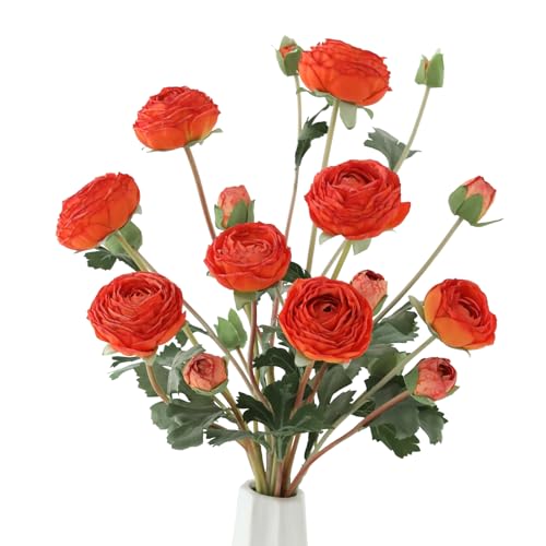 6Pcs Realistic Orange Silk Ranunculus Artificial Flowers Long Stems, 23.6" Tall Fake Flowers Faux Flowers Suit for Year-Round Home Decoration, Wedding, Bridal Bouquets, Office - color: Orange