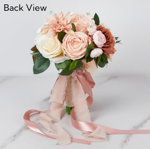 9.1Inch Peach Pink Cascading Bridal Bouquet for Bride Artificial Pink Rose Cascade Bridal Flower Bride Wedding Bouquet Peach Pink - color: Peach Pink