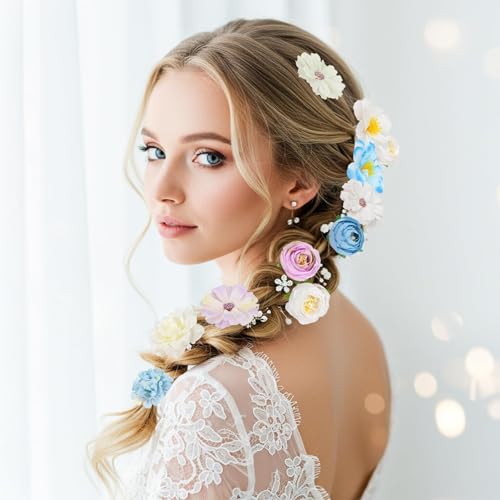 ATTGREAT Fake Flower Heads Mini Silk Flowrs Bulk Small Flower 3D Loose Faux Daisy Rose Sunflowers Plum Blossoms Craft for Wedding Party Cake Baby Shower Home Decor, 110Pcs(Blue) - color: Blue