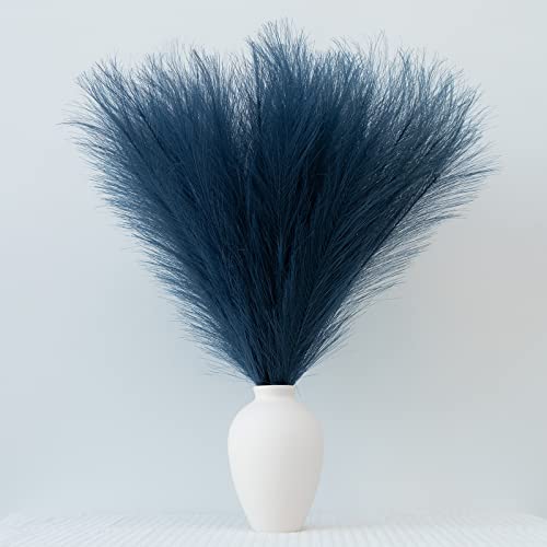 Pampas Grass Decor, Fluffy Faux Pampas Grass 6 Stem 18"/45cm Pompous Grass Small Flower Arrangement and Vase Filler for Boho Home Wedding Decoration (Dark Blue) - color: Dark Blue