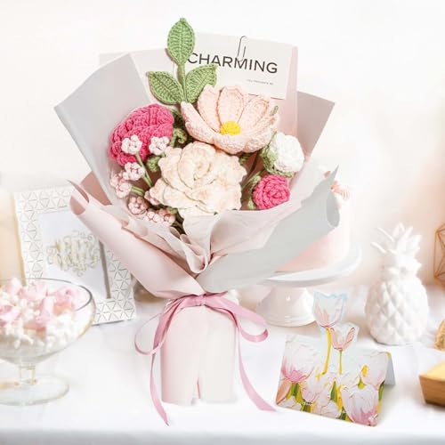 Crochet Flower Bouquet Handmade Pink Roses Artificial Flowers with Card Unique Mothers Day Graduation Birthday Gifts for Women Mom Girlfriend Wife Eternal Flores Knitting Decorations Home Decor - color: Pink Rose