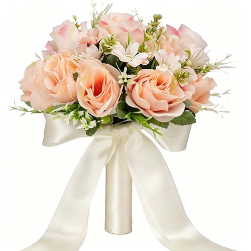 CYANLUX Wedding Bouquets for Bride Bridesmaid Bouquet Champagne White Artificial Roses Flowers for Wedding Valentine's Day Church Home Decoration (Champagne)… - color: Champagne
