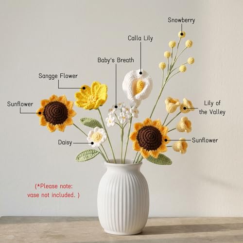 Sunflower Daisy Crochet Flowers Bouquet Handmade Knitted Artificial Flowers Home Decor Mother's Day Graduation Birthday Anniversary Wedding Gift for Wife Lover Teacher Friends (Include Card) - color: Flowers014