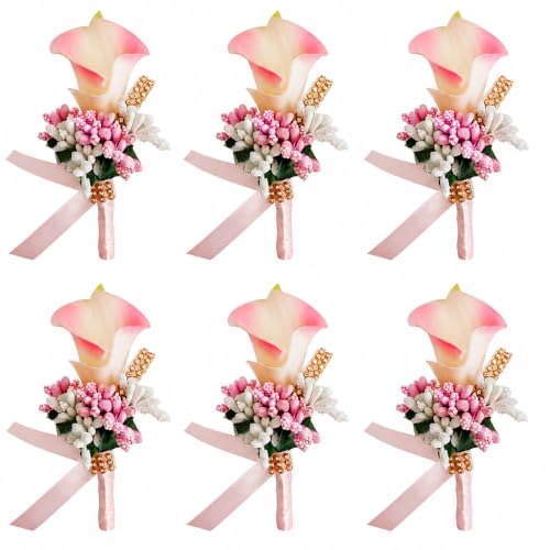 ChezMax Calla Lily Pink Boutonniere Handmade Silk Flower with Ribbon Corsage for Bride Groom Wedding Party 6 Packs - color: B-pink Boutonniere-6 Pcs