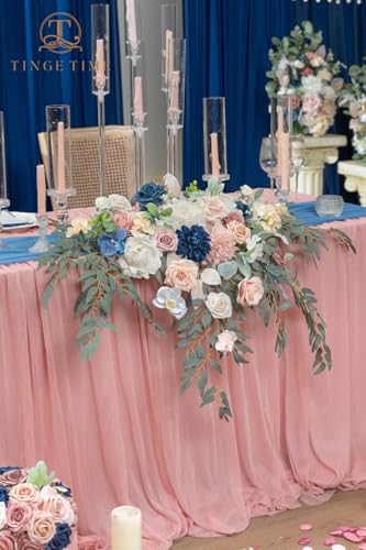TINGE TIME Artificial Sweetheart Flower Swag with Tablecloth and Table Runner, Pack of 3 Floral Arrangement for Wedding Sweetheart Table Centerpiece Decoration (Dusty Rose & Navy Blue) - color: Dusty Rose & Navy Blue