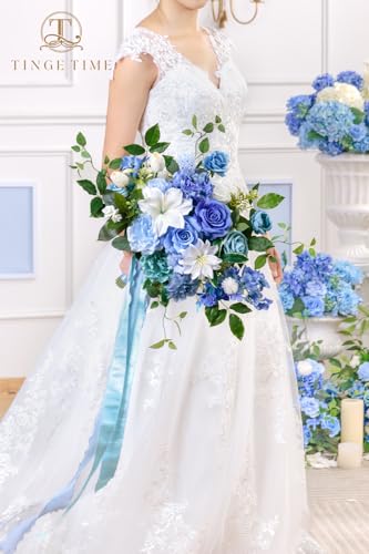 TINGE TIME 13 Inch Wedding Bouquets for Bride,Bridal Bouquet for Bride, Artificial Silk Flowers for Wedding Ceremony and Anniversary (Provence Blue) - color: Provence Blue