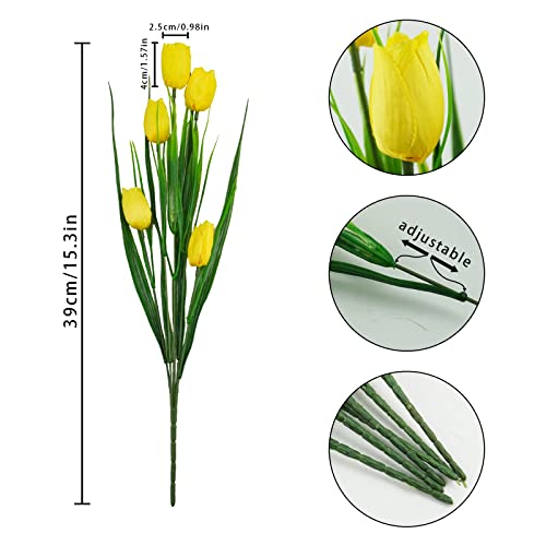 12 Bundles Tulips Artificial Flowers, 60 Heads Outdoor Artificial Tulip Faux Plastic Greenery Shrubs Plants UV Resistant for Easter Home Outside Garden Porch Window Decor (Yellow) - color: Yellow, size: 12 PCS