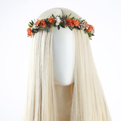 Orange Fairy Flower Headband, Artificial Boho Rose Floral Headpiece, Forest Woodland Elf Flower Crown for Women Maternity Wedding Renaissance Festival Party Hair Accessories - color: Orange