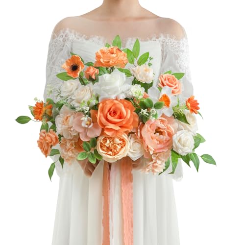 TINGE TIME 11 Inch Wedding Bouquets for Bride, CoralPink&Champagne Artificial Flowers Bouquet, Brides & Bridesmaids Bouquet for Wedding Anniversary Ceremony Bridal Shower Decorations - color: Coral Pink & Champagne
