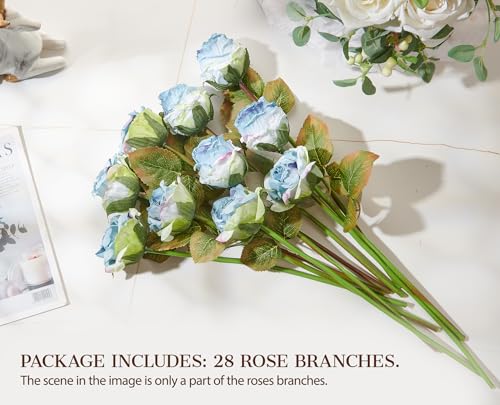 PONKING Rose Artificial Flower 28pcs Realistic Faux Silk Roses Fake Flowers Bouquets Arrangements Decor for Wedding Spring Mother's Day, Home Table Decorations, Blue Flower - color: A 28pcs Blue Rose