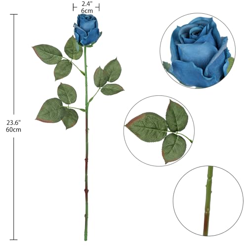 Artificial Realistic Roses Blue Flowers 24" Real Touch Silk Roses Bouquet Long Stems Rose Fake Roses Decor for Home Party Wedding Table Centerpieces Roses Realistic - 5 Pcs - color: Navy Blue