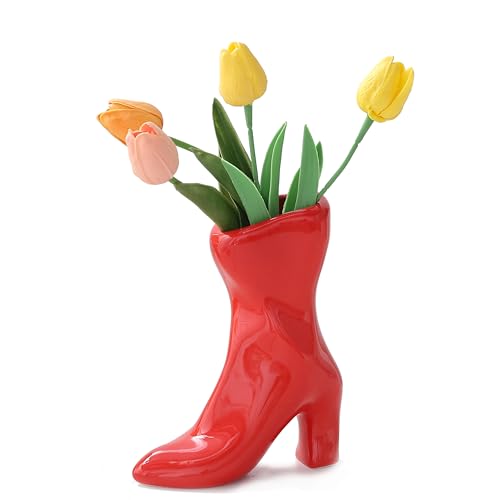 Ceramic Boot Vase for Modern Home Decor,7.9" High Heel Bootie Flower Vase,Quirky Funky Aesthetic Room Decor,Trendy Coffee Table Centerpiece for Women(Red) - color: Red
