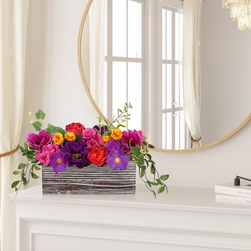 DILATATA Flower Arrangement with Wooden Vase 10" Artificial Flowers in Pot - Fake Flowers in White Rectangular Wooden Vase Potted Faux Flower Centerpieces for Table Decor Living Room - Purple - color: 11"l Purple