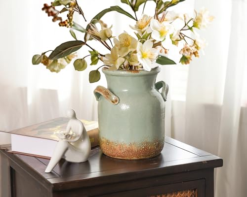 Quoowiit Ceramic Rustic Farmhouse Vase, Distressed Decorative Flower Vases for Home Decor, Ideal Shelf Decor, Green Boho Vase for Living Room Bedroom Kitchen Office Centerpiece Table Decorations - color: 8 Inch-green