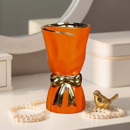 Orange Ceramic Vase for Pampas Grass, Bow Modern Vases Home Decor, 10 Inch Centerpiece Vase for Dining Table, Autumn, Kitchen Decor, Fireplace, Bathroom Decorations - color: Orange, size: 10 inch