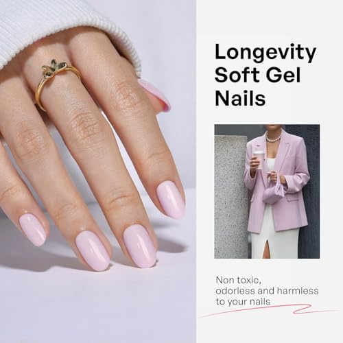32Pcs Soft Gel Press on Nails for Women, Milky Lavender, Short Round | Solid Color Glossy False Fake Nails Press Ons for Office Daily Wear, Salon Quality Reusable Glue & Stick on Nail Gift Kit - color: 7R-Milky Lavender