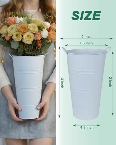 vensovo 12 Inch Galvanized Metal Vases for Flowers - 6 Pcs Farmhouse Decorative Tall Flower Bucket with Handles, Rustic French Tin Planter Buckets for Wedding Decor (Pure White) - color: Pure White