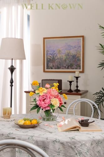 Artificial Flowers Centerpieces in Glass Vase with Fake Water, Silk Rose Peony & Daffodil Bouquet with Vase for Birthday Party Wedding Dinning Table Office Hotel Decor Gift (Yellow, Coral & Hot Pink) - color: Yellow, Coral & Hot Pink