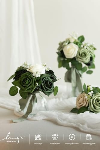 Ling's moment Artificial Flowers, 50Pcs 3" Roses in Sage Shades, Realistic DIY Foam Floral Decor for Wedding Bouquets/Centerpieces, Outdoor Party Backdrops, Room/Table, and Garden/Pot Decorations - color: Shades of Emerald & Tawny Beige, size: 50Pcs