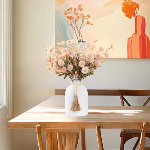 20''H Fake Flowers in Large Vase for Centerpiece Table Decorations with 10Pcs Fake Mums Flowers Eucalyptus Stems Faux Pompon Kiku Flowers Arrangement for Home Decor (Beige/White Vase) - color: Beige/White Vase